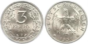 3 Mark / 3 Reichsmark Repubblica di Weimar (1918-1933) Argento 