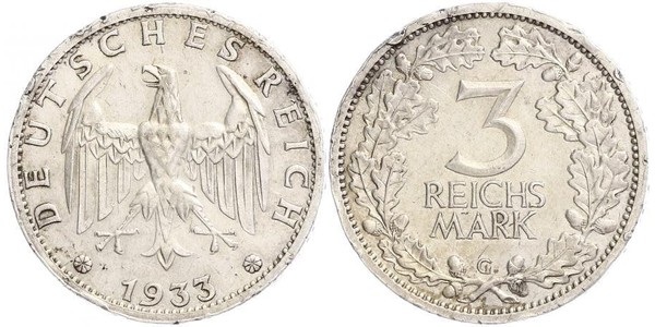 3 Mark / 3 Reichsmark Repubblica di Weimar (1918-1933) Argento 