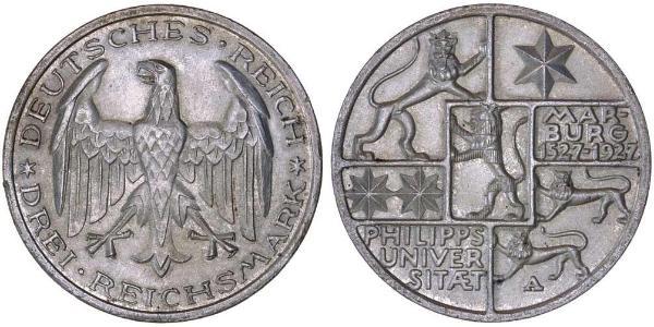 3 Mark / 3 Reichsmark República de Weimar (1918-1933) Plata 