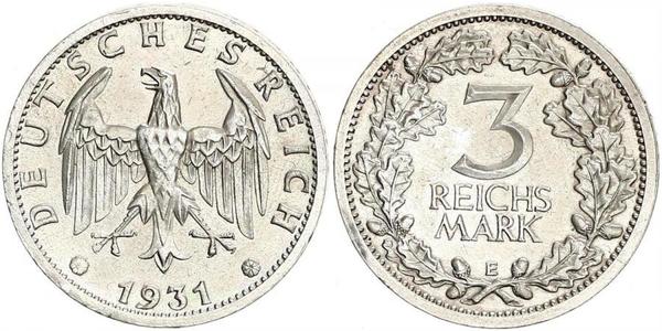 3 Mark / 3 Reichsmark Weimarer Republik (1918-1933) Silber 