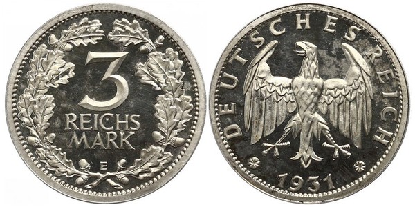 3 Mark / 3 Reichsmark 魏瑪共和國 (1919 - 1933) 銀 