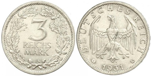 3 Mark / 3 Reichsmark 魏瑪共和國 (1919 - 1933) 銀 