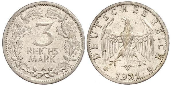 3 Mark / 3 Reichsmark 魏瑪共和國 (1919 - 1933) 銀 