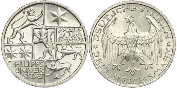 3 Mark / 3 Reichsmark 魏瑪共和國 (1919 - 1933) 銀 