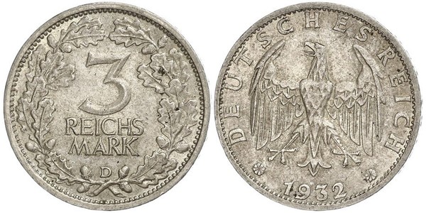 3 Mark / 3 Reichsmark 魏瑪共和國 (1919 - 1933) 銀 