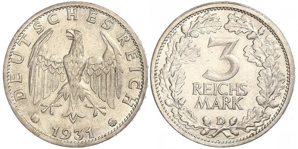 3 Mark / 3 Reichsmark 魏瑪共和國 (1919 - 1933) 銀 