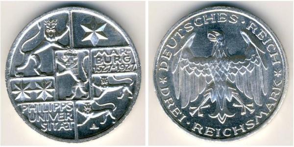 3 Mark / 3 Reichsmark 魏瑪共和國 (1919 - 1933) 銀 