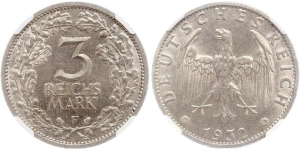 3 Mark / 3 Reichsmark 魏瑪共和國 (1919 - 1933) 銀 