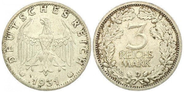 3 Mark / 3 Reichsmark 魏瑪共和國 (1919 - 1933) 銀 