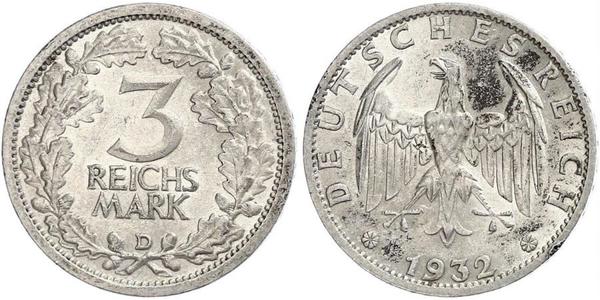 3 Mark / 3 Reichsmark 魏瑪共和國 (1919 - 1933) 銀 