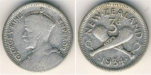 3 Penny Nueva Zelanda Plata Jorge V (1865-1936)