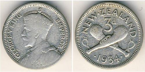 3 Penny Nueva Zelanda Plata Jorge V (1865-1936)