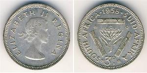 3 Penny Sudáfrica Plata Isabel II (1926-2022)