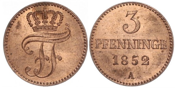 3 Pfennig Meclemburgo-Schwerin (1352-1918) Rame Federico Francesco II di Meclemburgo-Schwerin