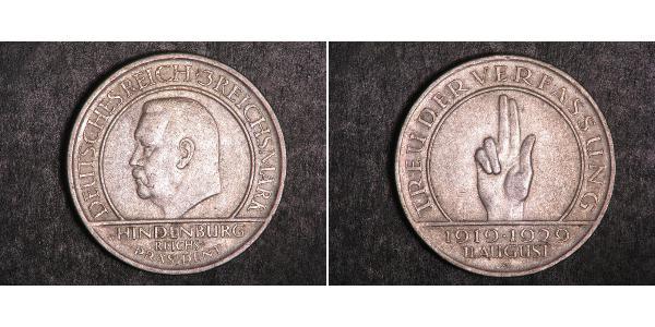 3 Reichsmark République de Weimar (1918-1933) Argent Paul von Hindenburg