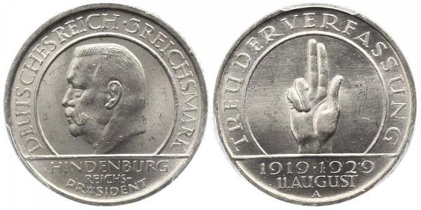 3 Reichsmark Repubblica di Weimar (1918-1933) Argento Paul von Hindenburg