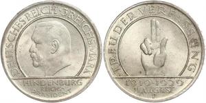 3 Reichsmark República de Weimar (1918-1933) Plata Paul von Hindenburg