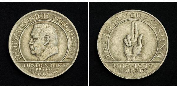 3 Reichsmark República de Weimar (1918-1933) Plata Paul von Hindenburg