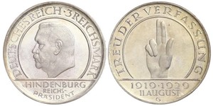 3 Reichsmark Weimarer Republik (1918-1933) Silber Paul von Hindenburg