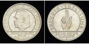 3 Reichsmark Weimarer Republik (1918-1933) Silber Paul von Hindenburg