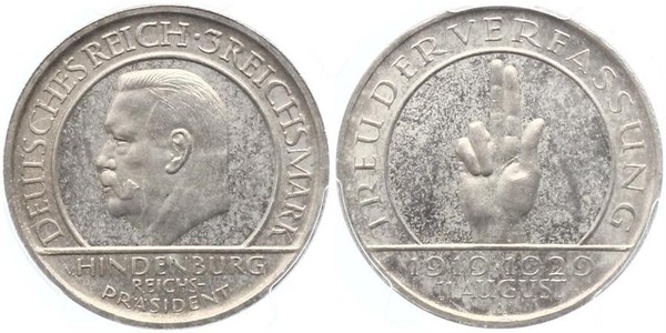 3 Reichsmark Weimarer Republik (1918-1933) Silber Paul von Hindenburg