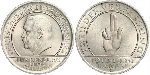 3 Reichsmark Weimarer Republik (1918-1933) Silber Paul von Hindenburg