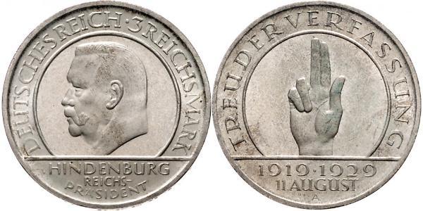 3 Reichsmark Weimarer Republik (1918-1933) Silber Paul von Hindenburg