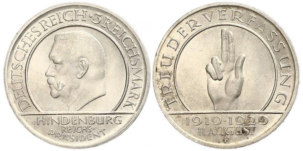 3 Reichsmark Weimarer Republik (1918-1933) Silber Paul von Hindenburg