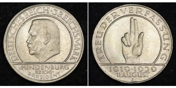 3 Reichsmark Weimarer Republik (1918-1933) Silber Paul von Hindenburg