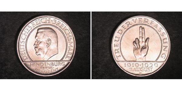 3 Reichsmark Weimarer Republik (1918-1933) Silber Paul von Hindenburg