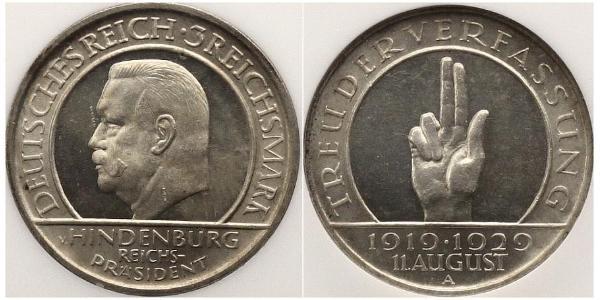 3 Reichsmark Weimarer Republik (1918-1933) Silber Paul von Hindenburg