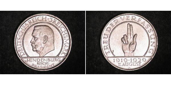 3 Reichsmark Weimarer Republik (1918-1933) Silber Paul von Hindenburg