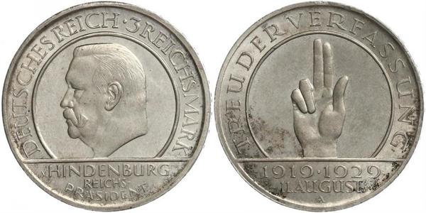 3 Reichsmark Weimar Republic (1918-1933) Silver Paul von Hindenburg