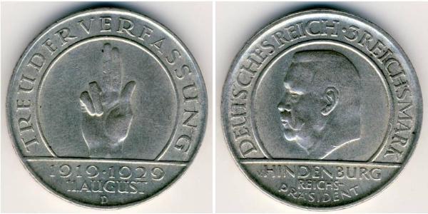 3 Reichsmark Weimar Republic (1918-1933) Silver Paul von Hindenburg