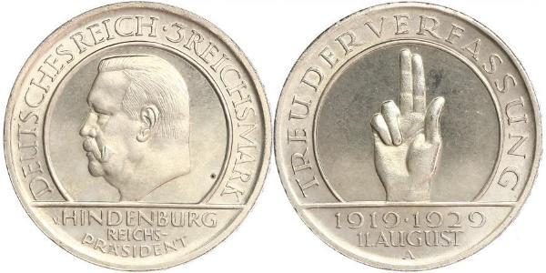 3 Reichsmark Weimar Republic (1918-1933) Silver Paul von Hindenburg