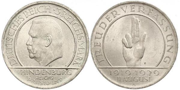 3 Reichsmark Weimar Republic (1918-1933) Silver Paul von Hindenburg