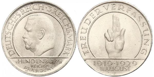 3 Reichsmark Weimar Republic (1918-1933) Silver Paul von Hindenburg