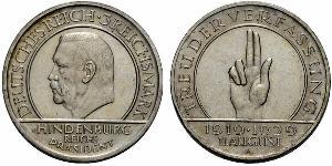 3 Reichsmark Веймарская республика (1918-1933) Серебро Гинденбург, Пауль фон