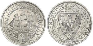 3 Reichsmark Веймарская республика (1918-1933) Серебро 