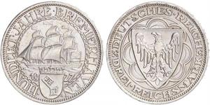 3 Reichsmark Веймарская республика (1918-1933) Серебро 