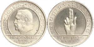 3 Reichsmark Веймарская республика (1918-1933) Серебро Гинденбург, Пауль фон