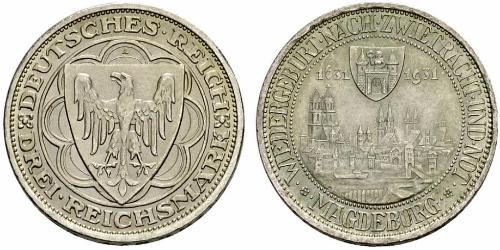 3 Reichsmark Веймарская республика (1918-1933) Серебро 