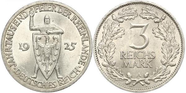 3 Reichsmark Веймарская республика (1918-1933) Серебро 