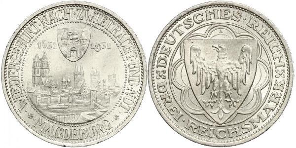 3 Reichsmark Веймарская республика (1918-1933) Серебро 