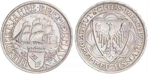 3 Reichsmark Веймарская республика (1918-1933) Серебро 