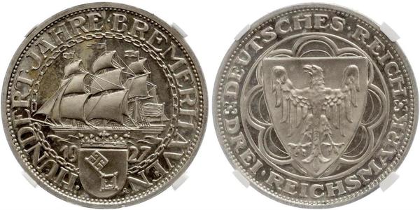 3 Reichsmark Веймарская республика (1918-1933) Серебро 