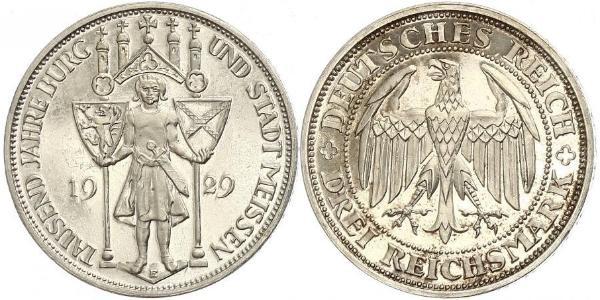 3 Reichsmark Веймарская республика (1918-1933) Серебро 