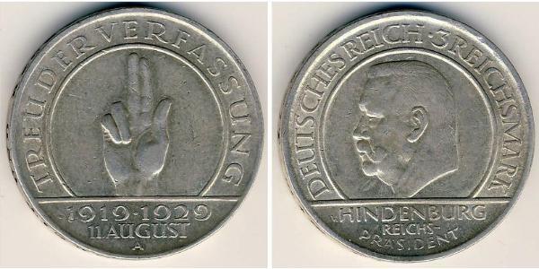 3 Reichsmark Веймарская республика (1918-1933) Серебро Гинденбург, Пауль фон