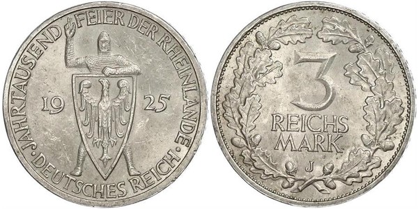 3 Reichsmark Веймарская республика (1918-1933) Серебро 