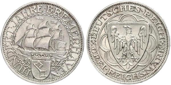 3 Reichsmark Веймарская республика (1918-1933) Серебро 